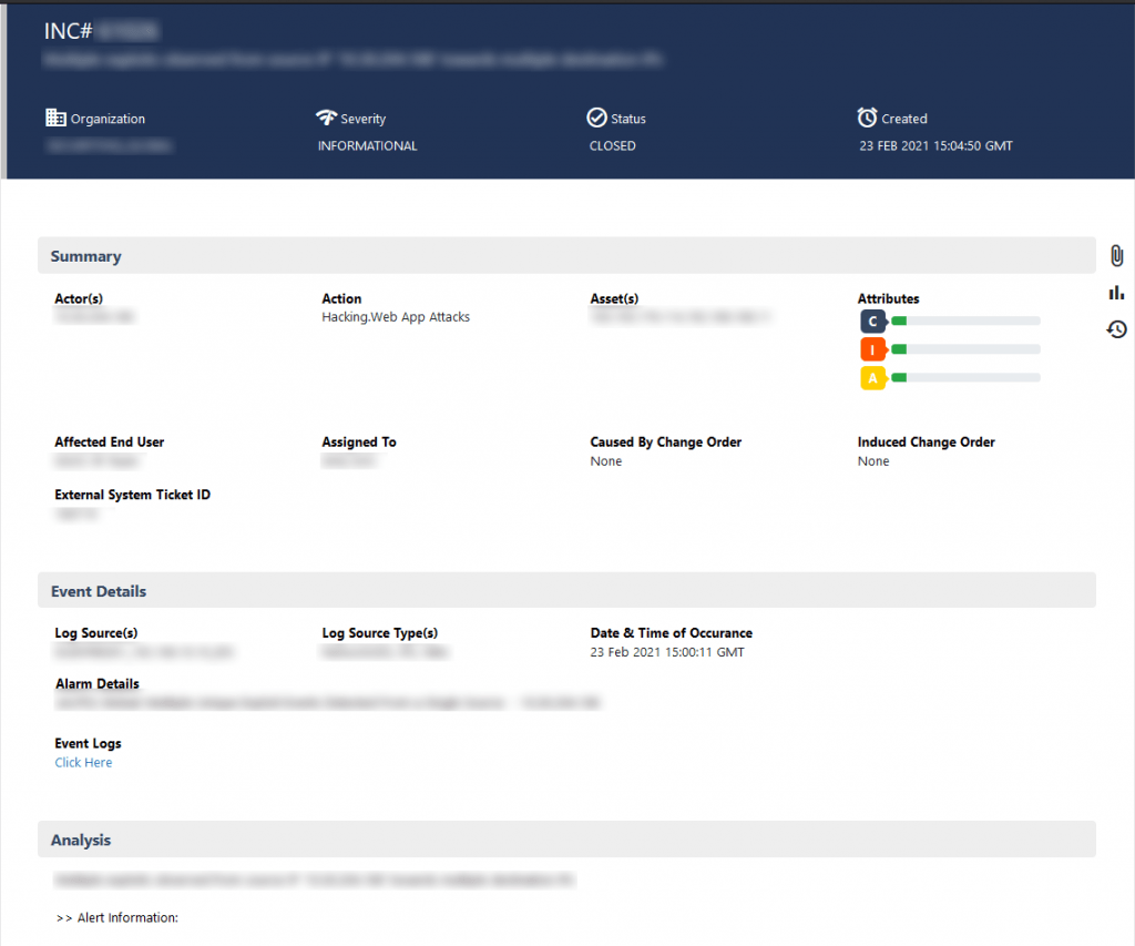 Security Incident Ticket details