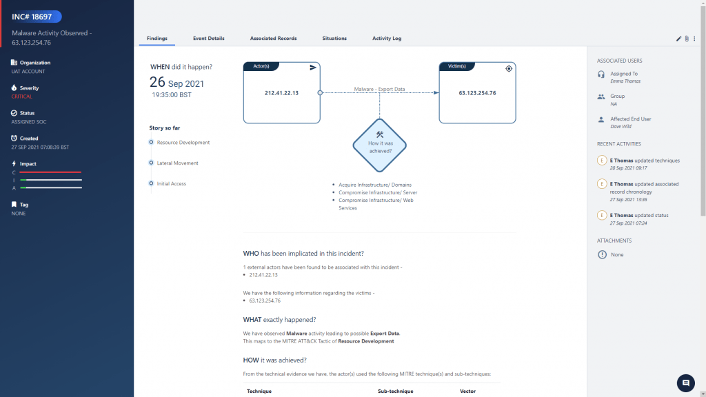 SecurityHQ Response new incident record structure