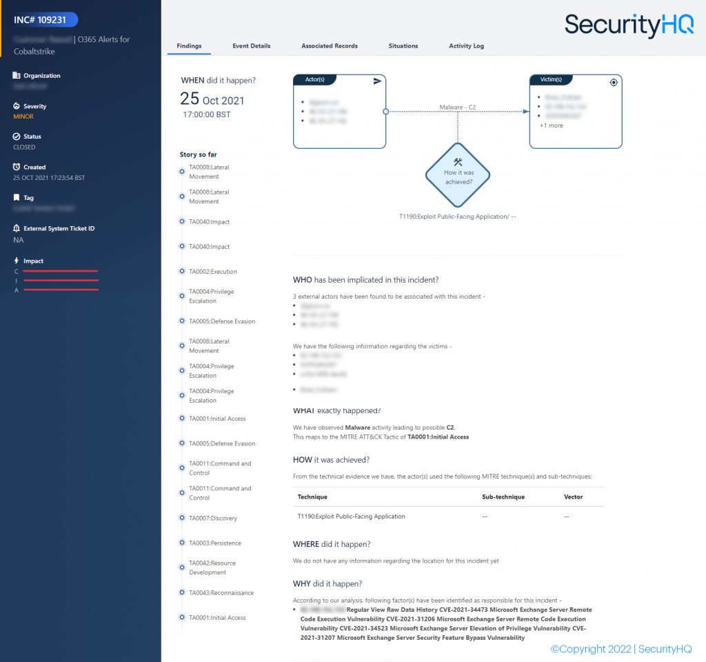 This Snapshot shows a real-world security breach ticket, which demonstrates actual mapping of the different MITRE techniques seen over a given timeline. This provides the clients, and our IR leads, with a very powerful picture of the security incident.